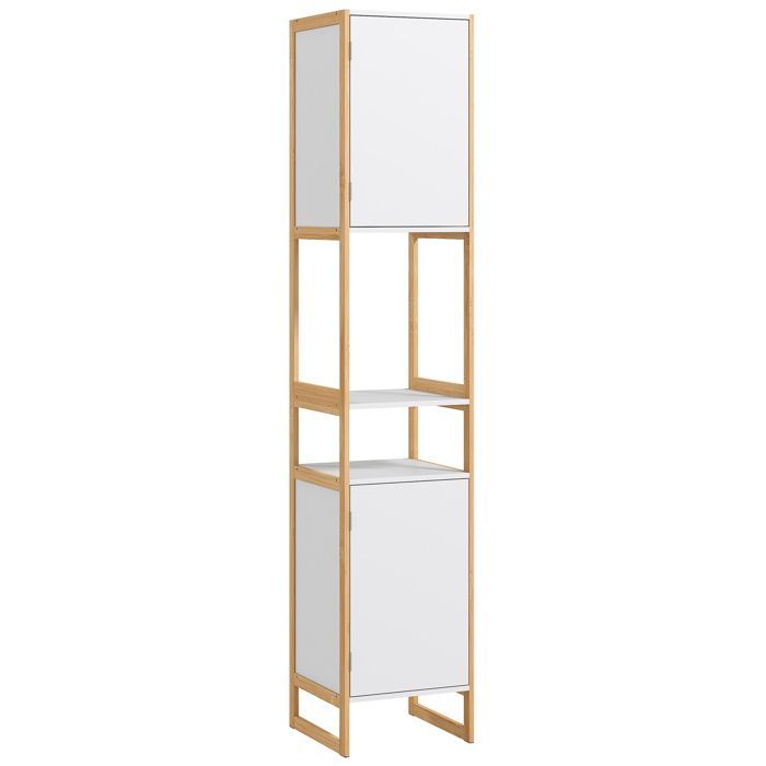 Mueble columna de baño HOMCOM con 2 nichos y 2 armarios, estante de bambú ajustable, 33 cm de ancho x 33 cm de profundidad x 170 cm de alto, blanco.