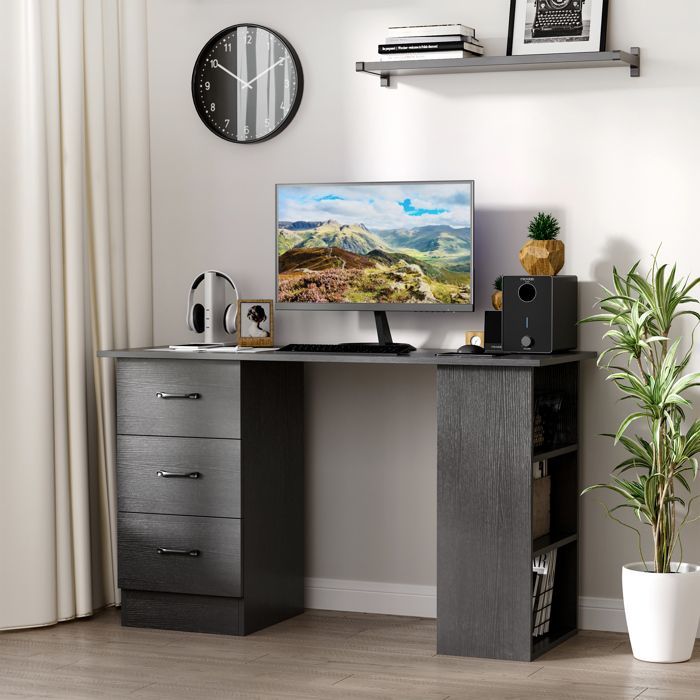 Escritorio para ordenador - HOMCOM - 3 cajones, 3 estantes, escritorio/estudio reversible con almacenamiento - Tablero de partículas - Negro