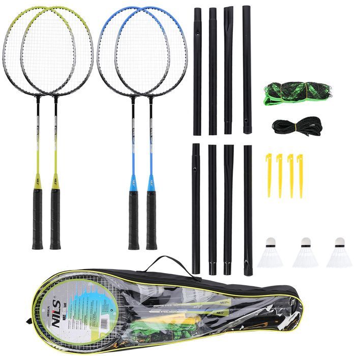 NILS badminton set - 4 rackets - 3 nylon shuttlecocks - 195x22 cm net - Folding posts