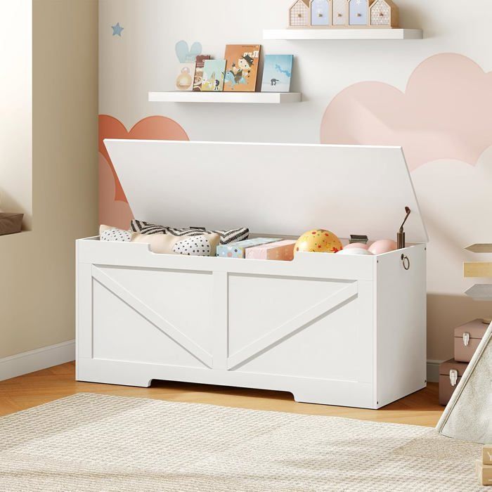 HOOBRO Storage Chest, Storage Bench with Wooden Lid, Toy Cabinet, Shoe Bench, White