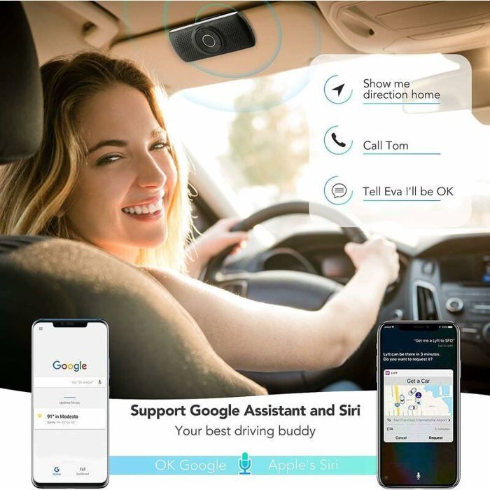 Kit vivavoce Bluetooth 5.0, altoparlante integrato, microfono, clip GPS, slot per scheda TF, riconnessione automatica.