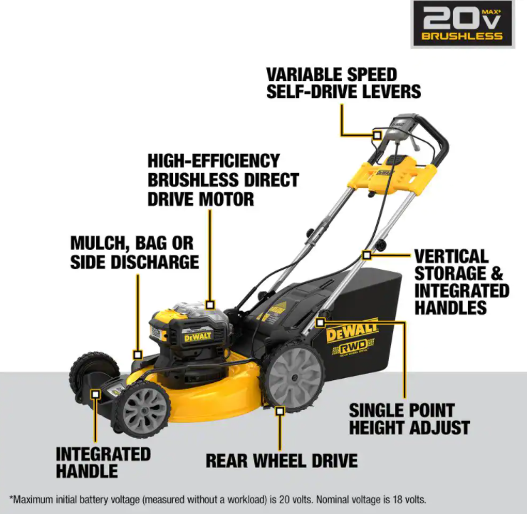Cortador de grama elétrico sem fio DEWALT de 21 polegadas e 20 volts com acionamento manual, duas baterias Flexvolt de 12Ah e carregador.