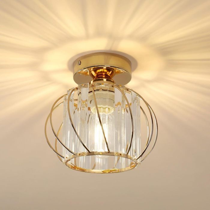 WOTTES Plafonnier en Cristal Moderne E27 LED, Plafonnier Mini Lustre en Cristal pour Cuisine Couloir Entrée, 1PCS Ø18CM Or