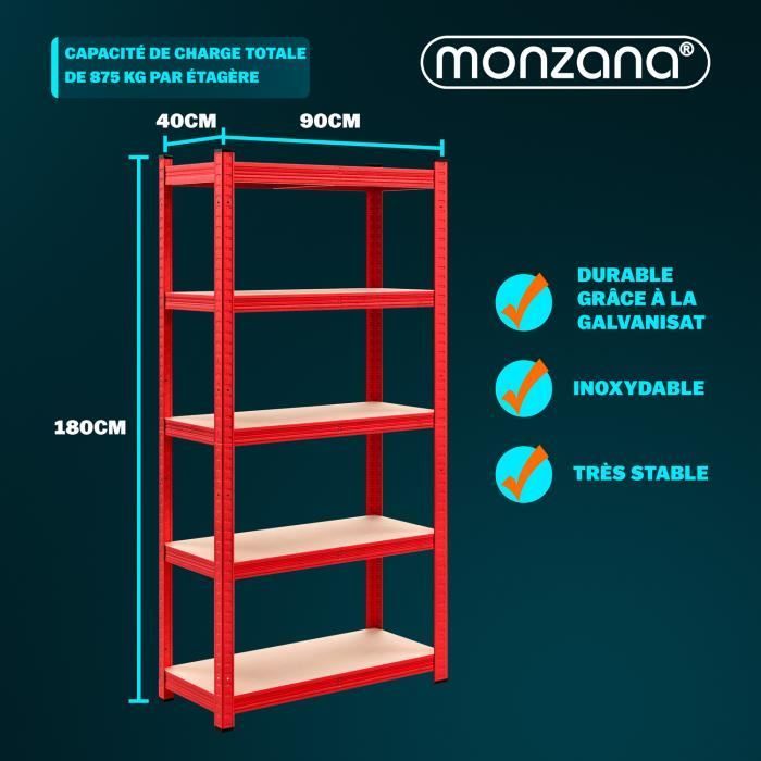 MONZANA® 2 estanterías de alta resistencia, rojas, 5 niveles, 180x90x40cm, estanterías metálicas, máx. 875kg, almacenamiento para garaje/taller.