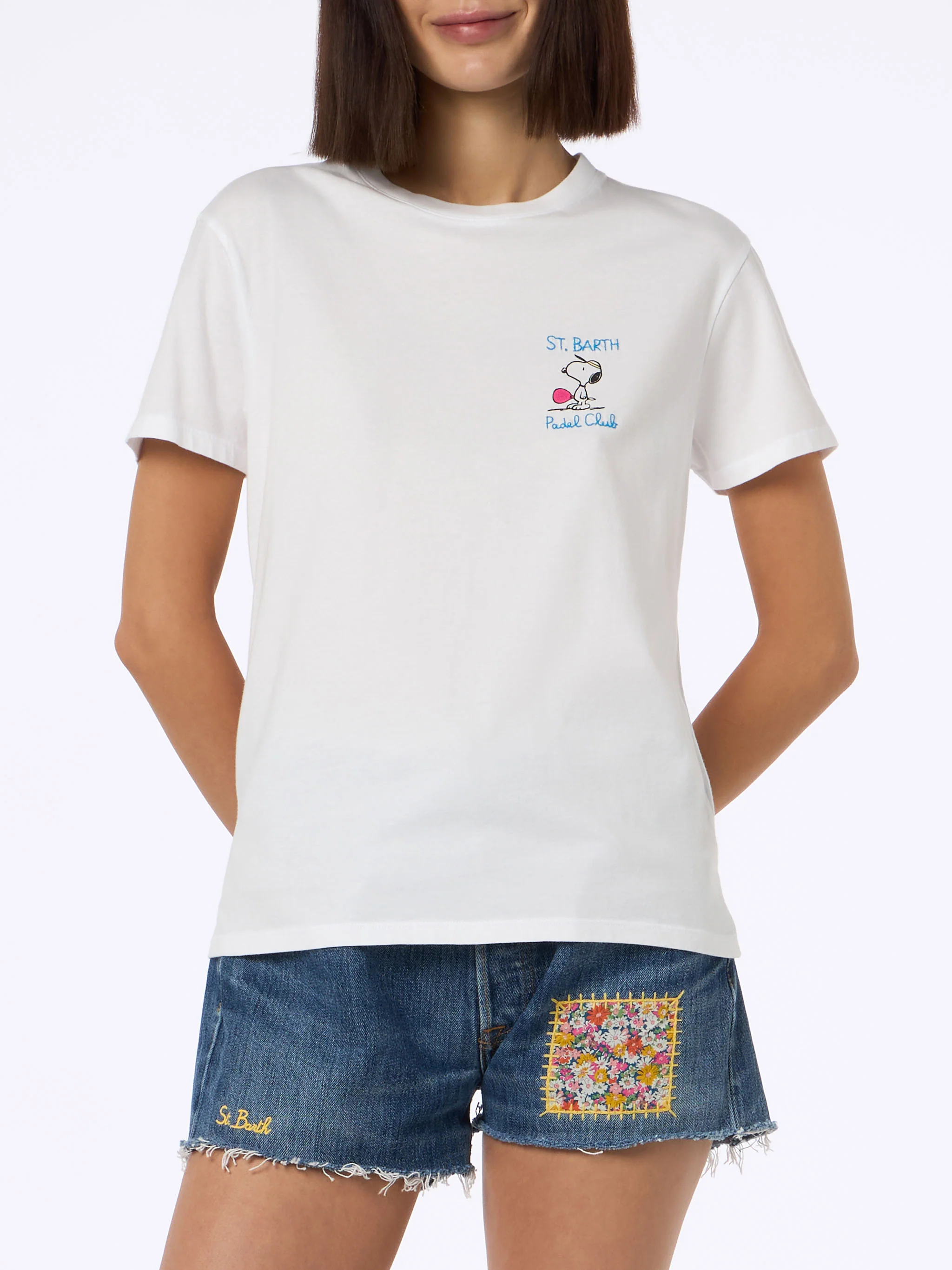 T-shirt girocollo in jersey di cotone rosa da donna Emilie con ricamo