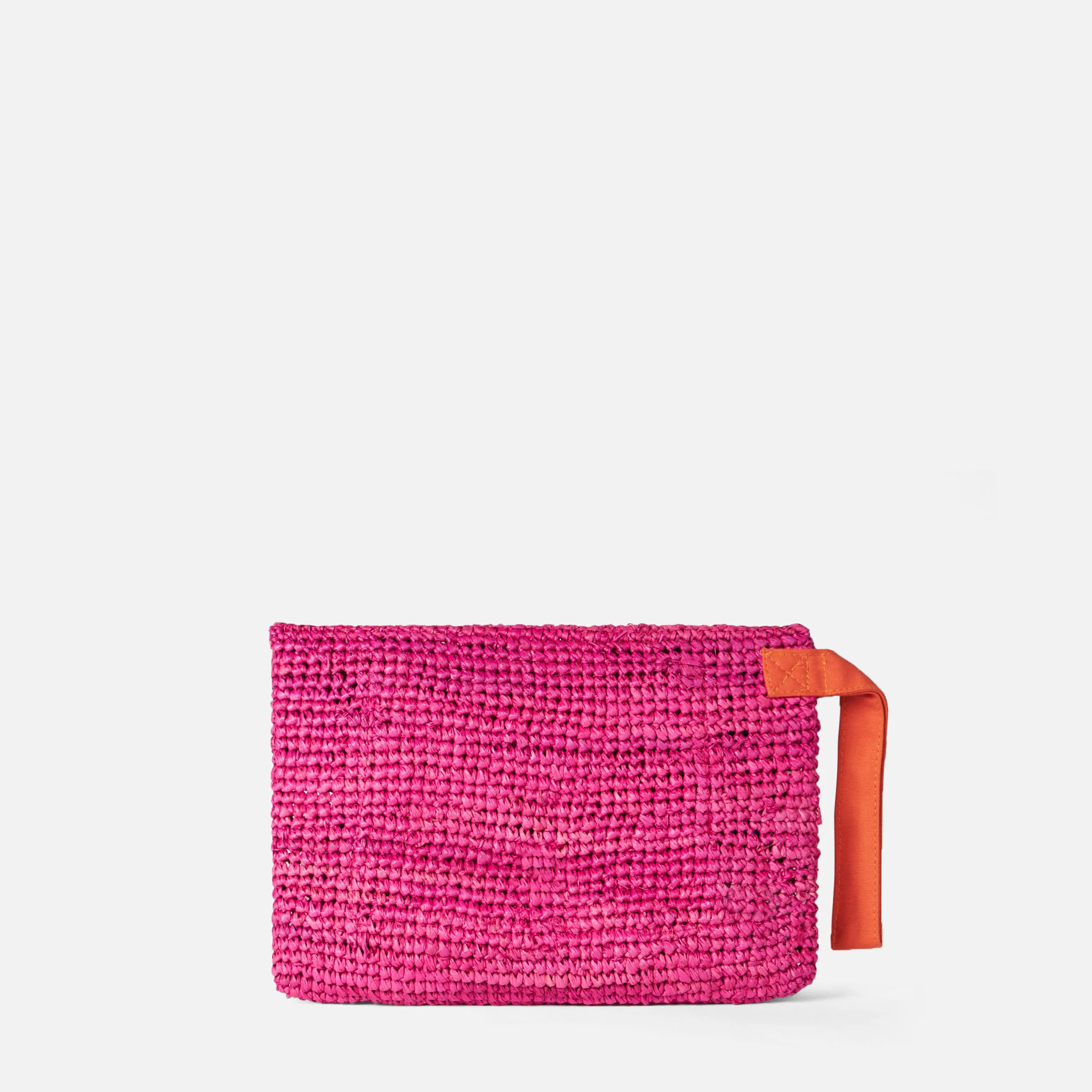 Raffia-Tasche in Fuchsia mit orangefarbener Saint-Barth-Stickerei und Tragegriff | MC2 Saint Barth