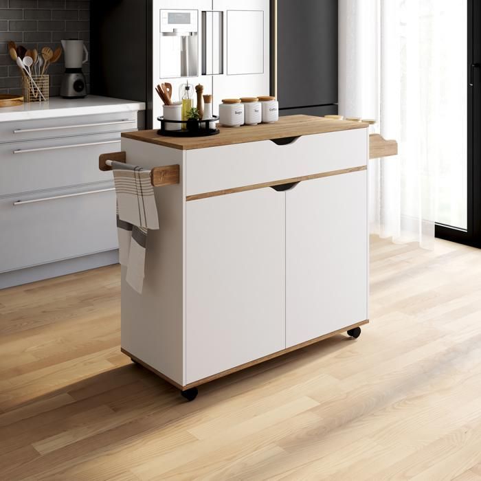 IDMARKET COSY XXL Kitchen Trolley with White Drawer and Beech-Effect Shelves, 90 cm Wide