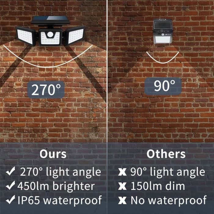 Applique murale, éclairage extérieur solaire avec détecteur de mouvement, projecteur extérieur LED 74LED lumière extérieure