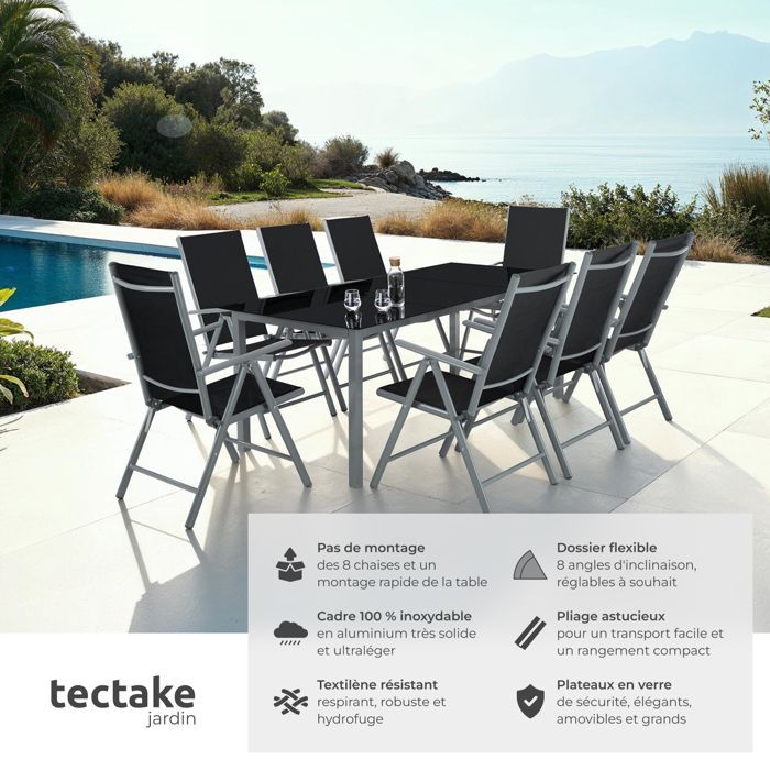 Ensemble table et chaises de jardin - TECTAKE - Ensemble de repas extérieur POMPEII pour 8 personnes - Anthracite