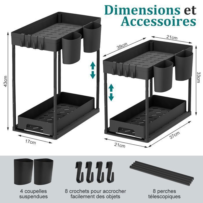 Set of 2 Under Sink Cabinets - Under Sink Organizer with Pull-Out Drawer - Kitchen Storage and Organization, Black