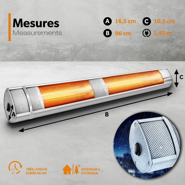 TRESKO Radiateur infrarouge extérieur 3000W | Chauffage radiant terrasse | murale| télecommande | 3 niveaux | intérieur et