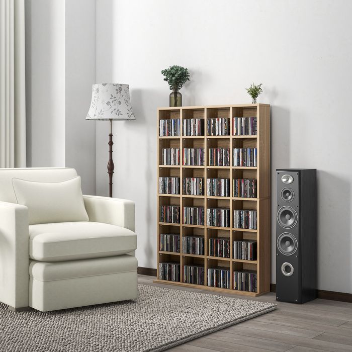 Mueble de almacenamiento multimedia para 456 CD/336 DVD - HOMCOM - estantería de madera con baldas ajustables - 89 x 130,5 cm, madera natural