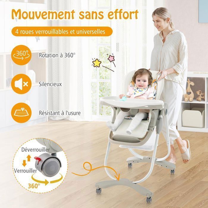 Chaise Haute Bébé Pliante COSTWAY Dossier Incliné-Hauteur Réglable-Plateau Repas Amovible sans BPA-6 Mois-4 Roues Pivotantes-Blanc