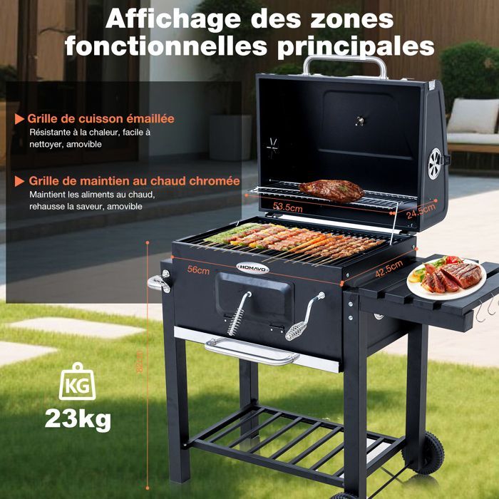 Barbecue a carbone HOMAVO, vassoio per il carbone regolabile in altezza, tavolino laterale pieghevole, termometro e copertura per barbecue inclusi.