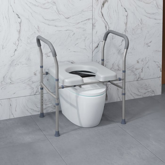 Siège de toilette percé - HOMCOM - 4 en 1 multifonction réglable rembourré avec poignée 136 kg - acier - gris