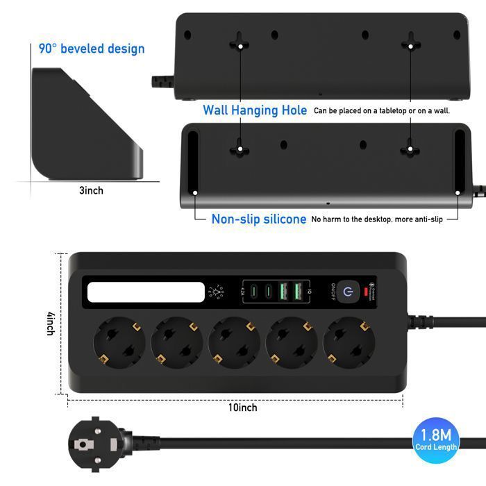 Multiprise Universelle, LED Multiprise Parafoudre, avec 5 Prises, 2 USB-C, 2 USB-A, Câble 1.8M, interrupteur, 2500W, Noir