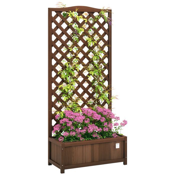 Planter with Trellis - Outsunny - 76 x 36 x 170 cm - Slatted Base - Dark Brown Pre-Oiled Fir Wood