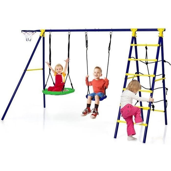 Columpio infantil COSTWAY con 2 columpios (5 en 1), aro de baloncesto, red para trepar y 1 escalera de escalada (en forma de A) - Capacidad de carga de 75 kg