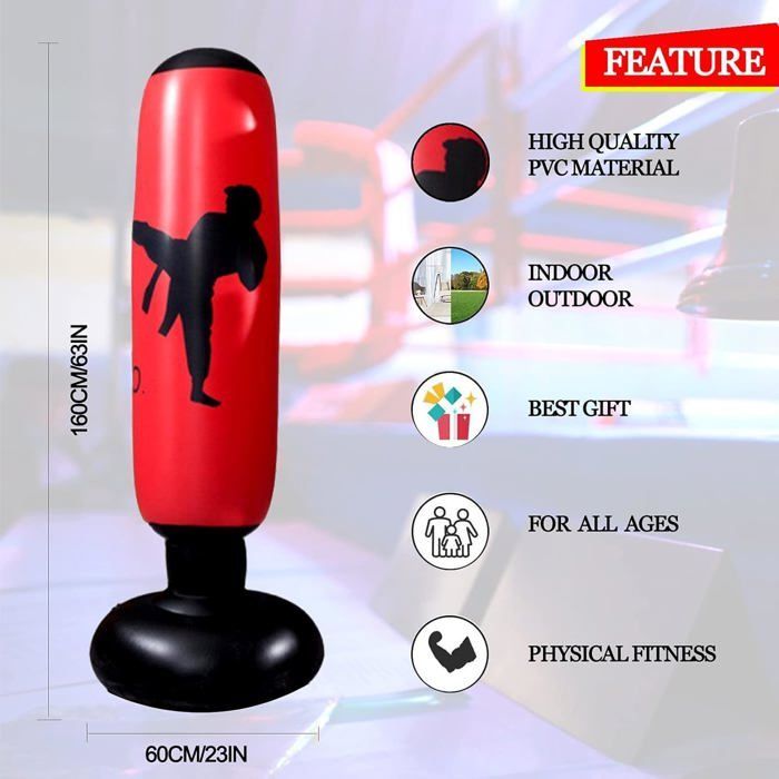 Inflatable freestanding punching bag for boxing training, kick-up, support for karate, taekwondo, MMA, weight training.