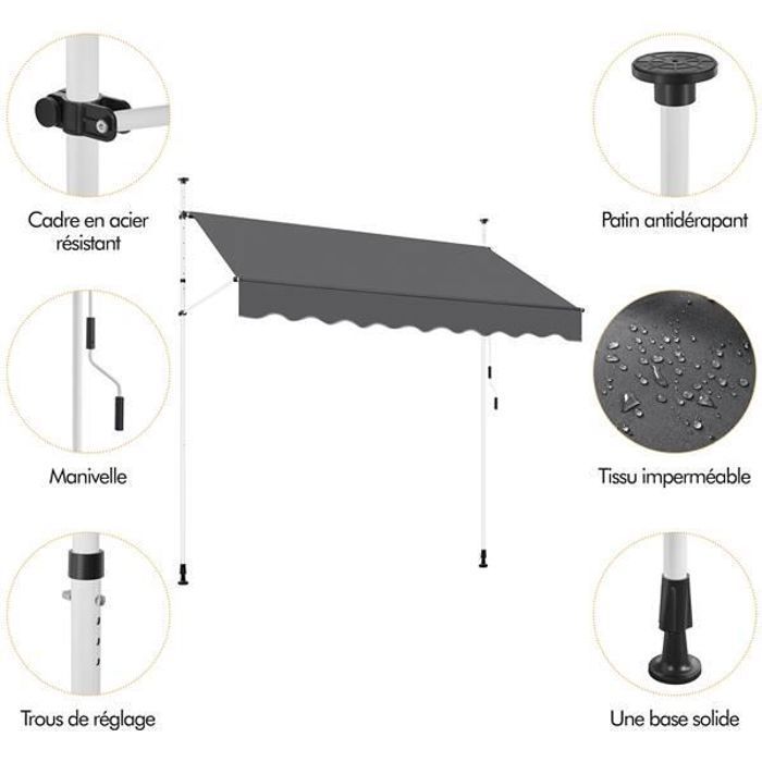 Yaheetech - Handmatig uitschuifbaar zonnescherm, grijs - 250 x 120 cm - In hoogte en kantelhoek verstelbaar - Balkon, terras, tuin