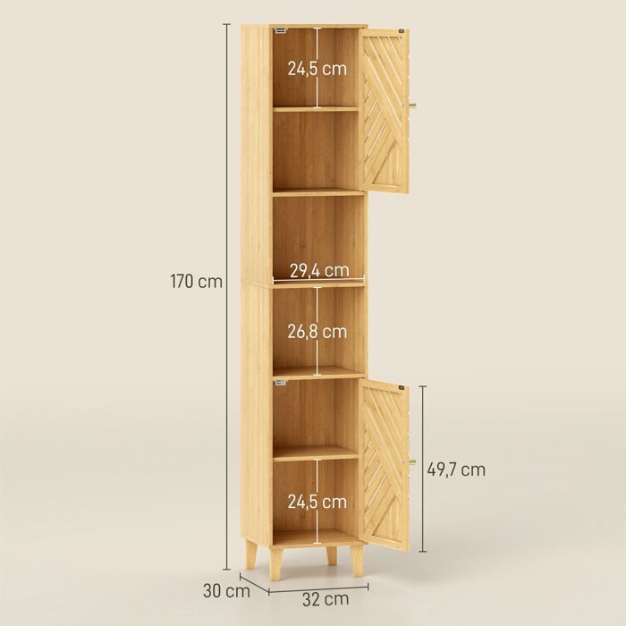 Meuble de rangement colonne - HOMCOM - étagères réglables - portes et pieds en bambou - 32x30x170cm - effet bois naturel
