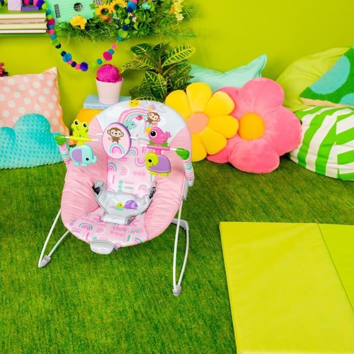 BRIGHT STARTS Baby Bouncer with Animals - Pink, Soothing Vibrations, Activity Arch with Interactive Toys