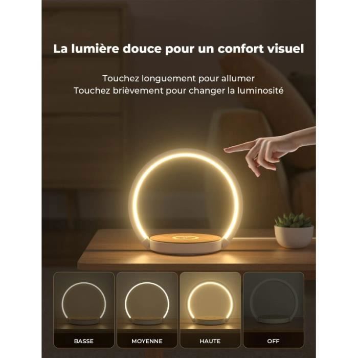 Lámpara de mesita de noche LED táctil LANGTU - 3 niveles de brillo - Cargador inalámbrico