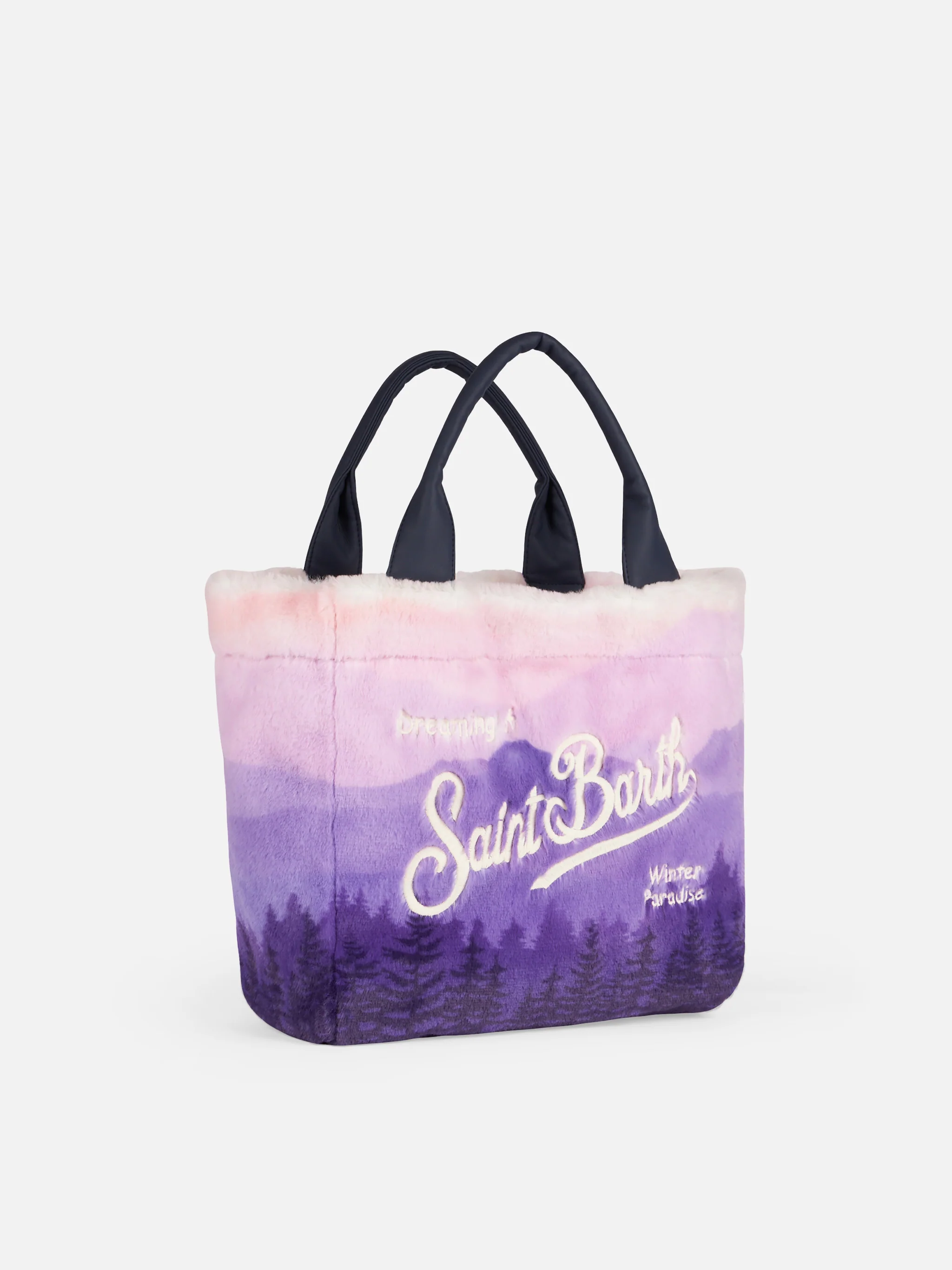Colette handtas van zacht en pluizig materiaal met ansichtkaartjacquardprint.
