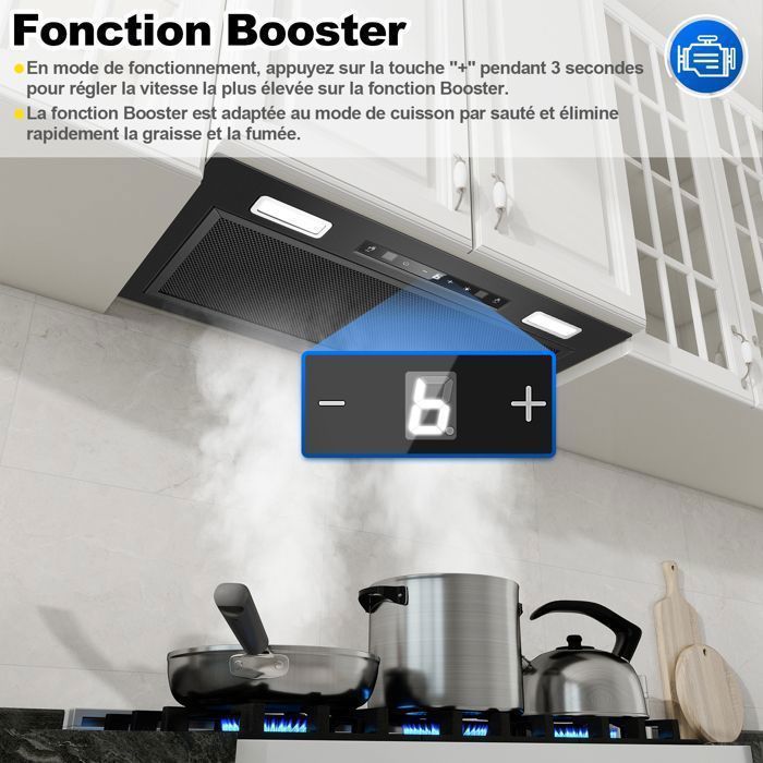 Hotte Aspirante-hotte encastrable-750 m³/h-L 52cm - Gestuelle - Tactile - Fonction Booster - Recyclage avec Filtre à Charbon - A+++