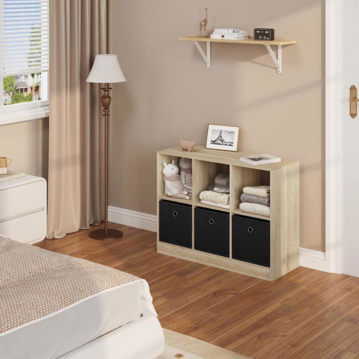 Librería WOLTU, mueble de almacenamiento, estante con 6 compartimentos, armario cúbico, 3 cajones de tela, 80x30x60cm, roble claro W0ATT0295