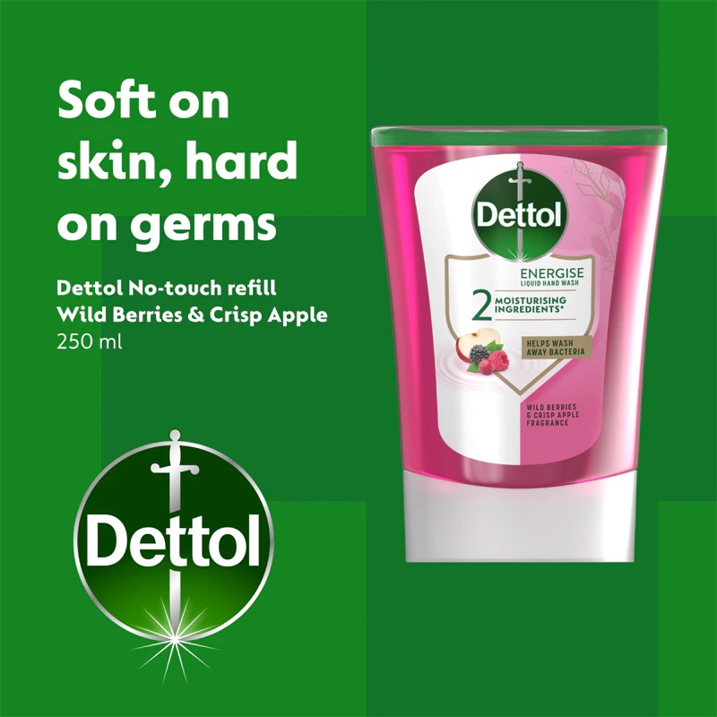 Dettol Energise tekoče milo za roke z gozdnimi jagodami in hrustljavim jabolkom, polnilni dozirnik mila brez dotika