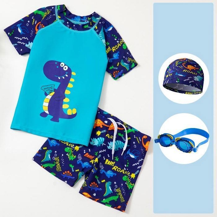 Children's 4-Piece Printed Swimsuit Set: T-Shirt, Shorts, Swim Cap and Goggles for Boys and Girls - Blue