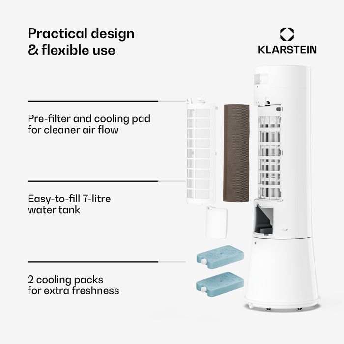 Ventilador enfriador de aire - Klarstein Frost - 200 m³/h - 7 L - 20 m² - 4 modos - 3 niveles de potencia - Control remoto