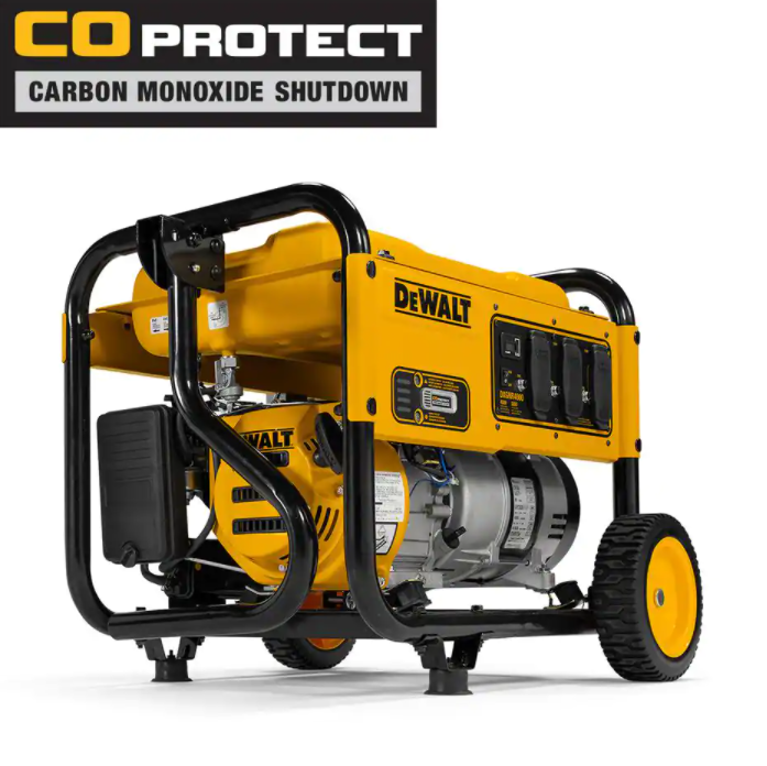 Gerador portátil a gasolina DEWALT de 4000 W com partida manual, motor de alta qualidade, tomadas protegidas e sistema de proteção contra monóxido de carbono.