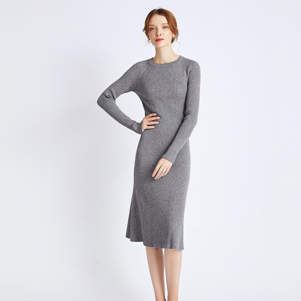 Abito invernale da donna spesso e caldo, lungo e aderente, in maglia a coste, con scollo a O, lunghezza a metà polpaccio, abito maglione da donna