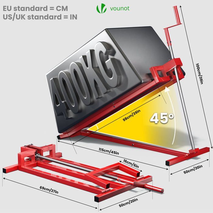 VOUNOT® Lawn Tractor Lift Jack 400 kg max - telescopic 78 to 98 cm long - height up to 60 cm - red