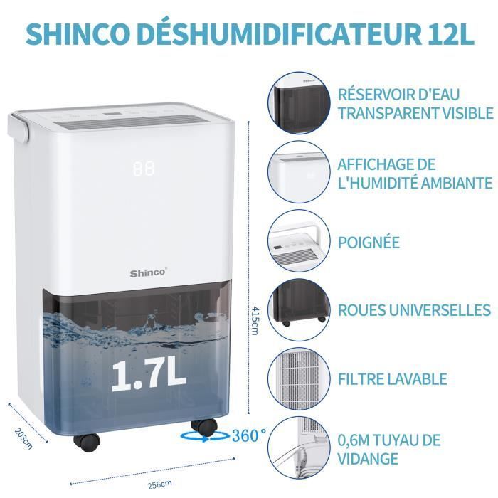 SHINCO Déshumidificateur d'air Silencieux 12L/Jour, Pour Max 18 , Fonction de déshumidification, Purification, Sèchage du linge