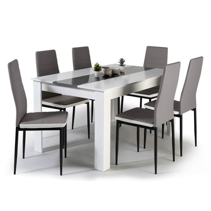 Conjunto de mesa de comedor IDMARKET GEORGIA, 140 cm, blanco y gris, y 6 sillas ROMAE, grises con ribete blanco.
