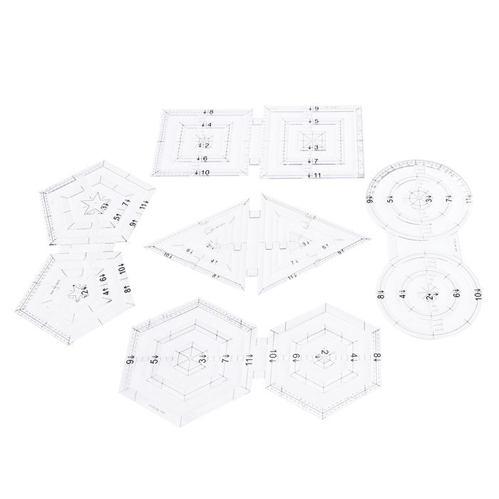 5 tilkkutyötyökalua: geometriset muodot, kaksoisympyrä, viisikulmio, kuusikulmio, kolmio, käsinompelu
