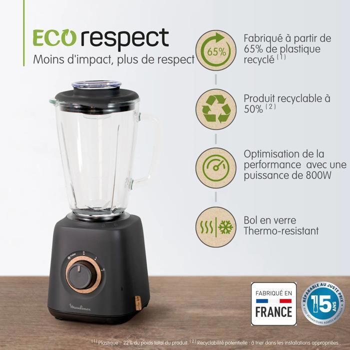 Moulinex Blender Eco Respect, Design écologique,1,75 L, 4 lames, 800 W, LM46EN10