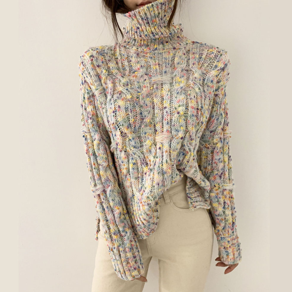 Pull col roulé coréen Alien Kitty pour femme, automne-hiver, pull chaud en maille torsadée ample.