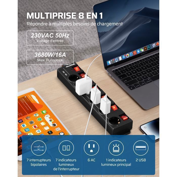 DEWENWILS Multiprise - 6 Prises  et 2 ports USB - câble 2m - 3680W/16A - 7 interrupteurs - noir