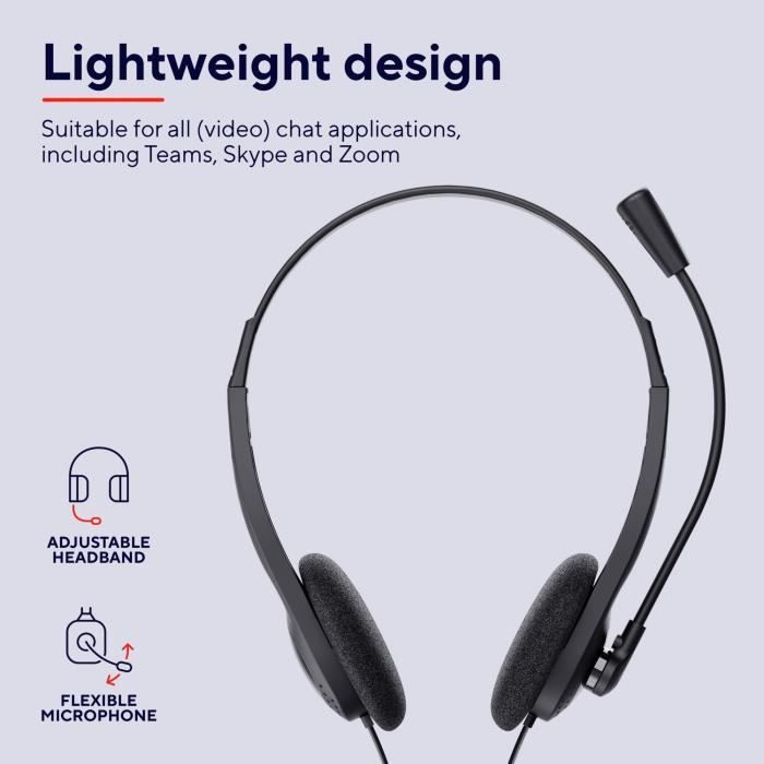 Auriculares supraaurales ligeros Trust Primo con micrófono de 3,5 mm, cable de 1,8 m y cable ajustable para trabajo remoto, chat de oficina y Zoom.