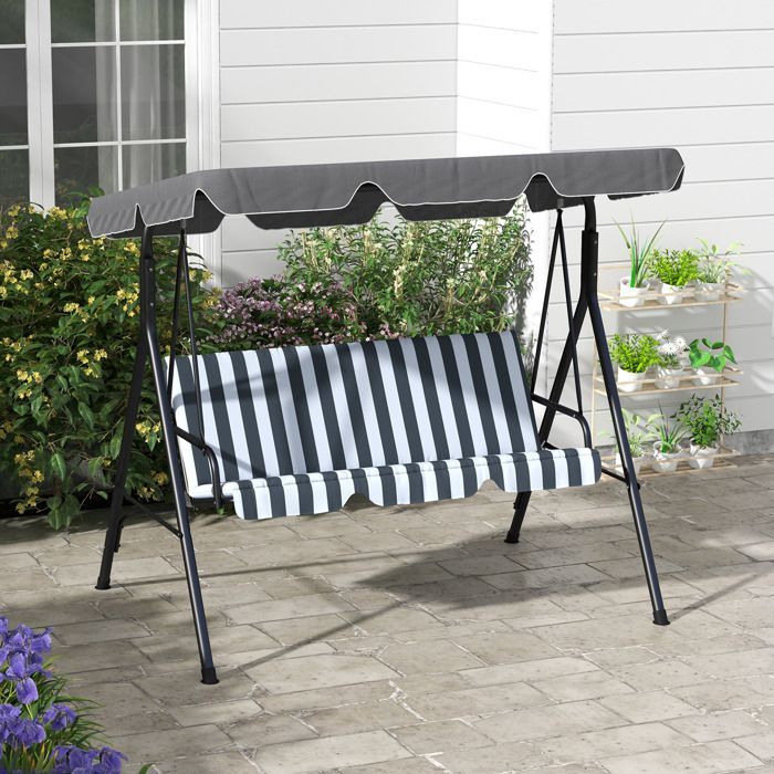 Columpio de jardín Outsunny - 3 plazas - toldo con inclinación ajustable - cojines - 1,72 x 1,1 x 1,53 m - acero negro, poliéster gris