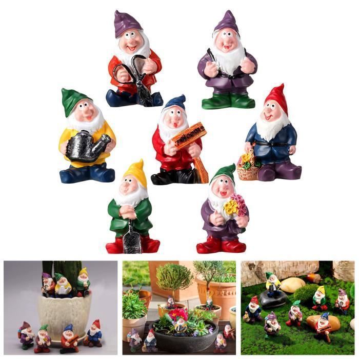 Estatua de gnomo de jardín de hadas, escultura de resina en miniatura en maceta, micro paisaje, 7 piezas