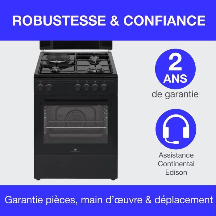 Cucina mista CONTINENTAL EDISON CECM60FCB - 3 bruciatori a gas + 1 bruciatore elettrico - L59,8 x P61 x H83 cm - Nera