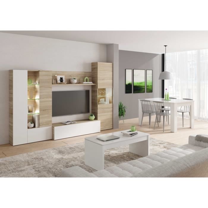 Mueble de TV ESSENCIAL con iluminación LED blanca clásica de alto brillo y acabado en roble - 260 cm de ancho