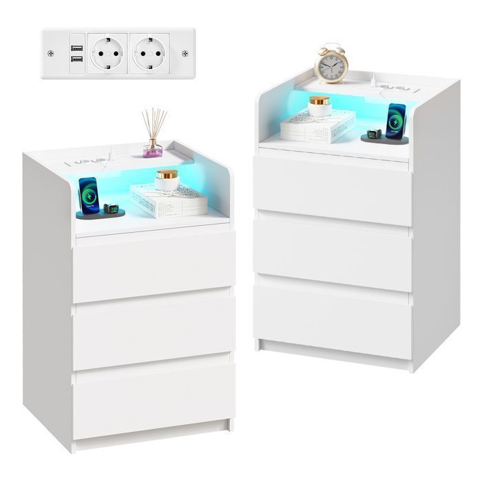 Lot de 2 Table de Chevet 40×35×68cm, 3 Tiroirs, 2 USB Ports et 2 Prises, LED Réglable, Moderne, Scandinave, Blanc