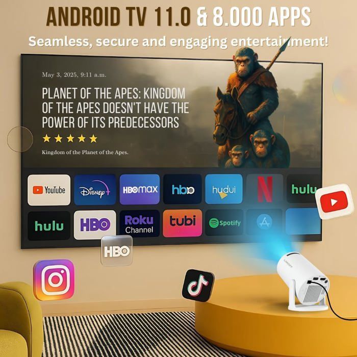 Vidéoprojecteur Portable Hy300 Pro U2013 Mini Projecteur 170 Ansi Lumens, Résolution Native 720P, Android Tv 11, Wifi & Blu[XV139]