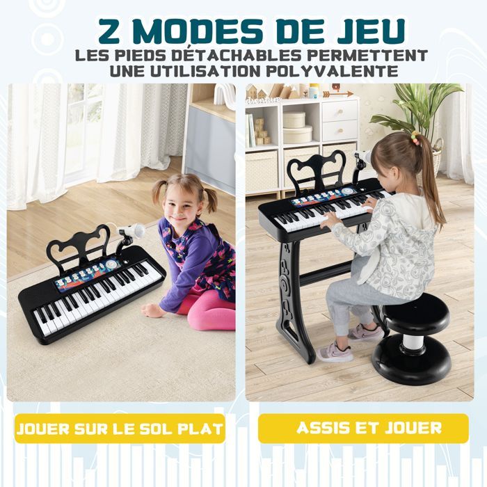 Piano infantil DREAMADE - Teclado de 37 teclas para niños - Micrófono - Taburete cómodo - Atril extraíble - Negro